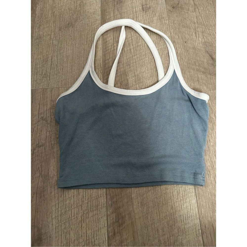 Blue Color Block Cross Back Ribbed Tank Crop Top- Small - Picture 2 of 3